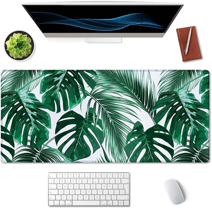 SSOIU Extended Gaming Mouse Pad (35.5x15.7 in), Large Stable Rubber Base Mousepad with Stitched Edges, Keyboard Mouse Mat Desk Pad for Work, Game, Office, Home - Tropical Palm Leaves