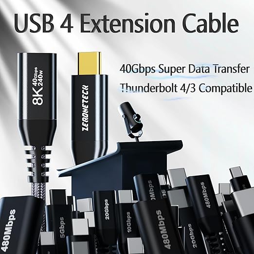 Short USB C Extension Cable 1FT, 40Gbps Data Transfer 8K@60Hz USB 4 Monitor Extension Cord, 240W PD Fast Charging for Thunderbolt Extension Cable for,Portable Monitor,Laptop, Tablet, Phone,MacBook