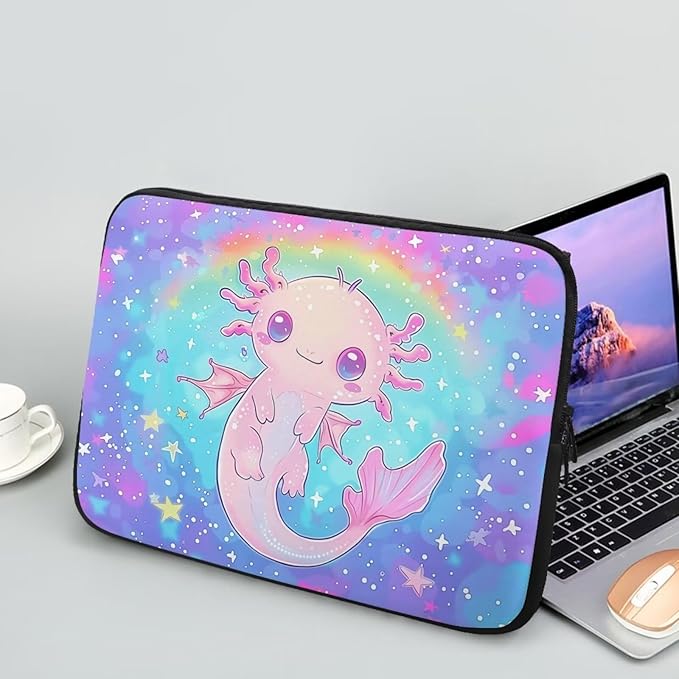 Cute Axolotl Laptop Sleeve for Teen Girls - 17 inch Rainbow Laptop Accessory with Versatile Uses - Ideal Gifts for Holidays - Galaxy Purple