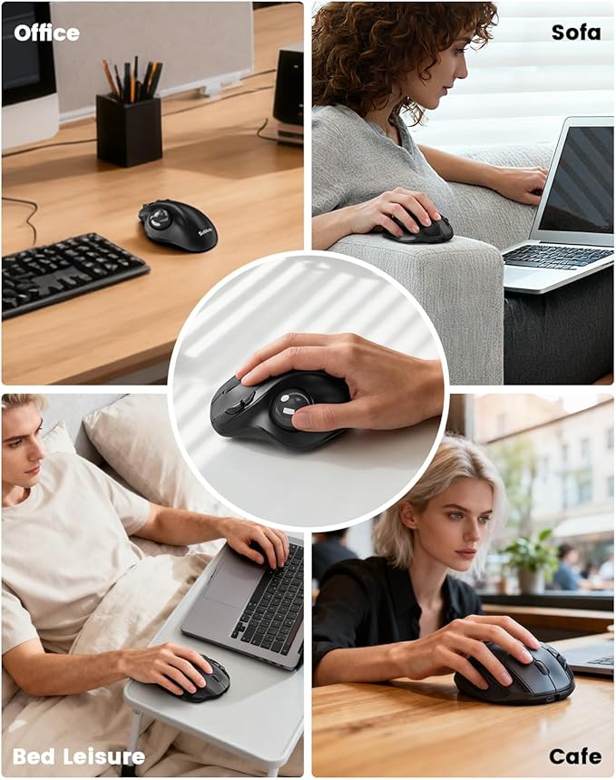 SABLUTE MAM2 Wireless Trackball Mouse with 5-Level DPI, Ergonomic Mouse 2.4G Plug-and-Play for 3 Devices (Bluetooth or USB Receiver), 500mAh Battery, Compatible with PC/Laptop/Mac/Windows-Grey Ball