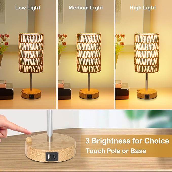 Bedside Lamps Set of 2 with Bulb, Touch Control Nightstand Lamp for Bedroom with Rattan & Linen Shade, 3 Way Dimmable Small Boho Table Lamps with USB Charging Port & Phone Stand