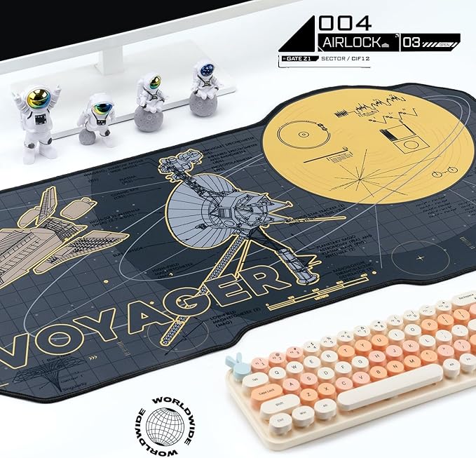 BelugaDesign Space Desk Pad | Voyager Spaceship Moon Galaxy Science SciFi Nerdy Mouse Pad | Large Gray Gold Keyboard Laptop Gaming Mousepad | Machine Washable Non-Slip Desk Blotter Protector Mat