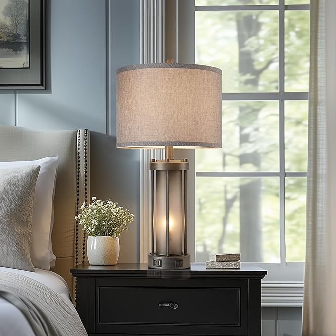 RORIA Set of 2 Rustic Table Lamps for Living Room with 2 USB Ports, Vintage Bedside Lamps with Gray Frosted Glass Night Light for Bedroom Desk Lamps for Entryway, 4 Bulbs Included