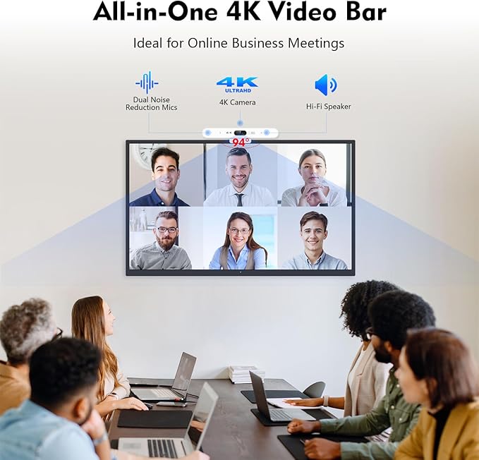 TOALLIN 3-in-1 4K Conference Webcam with Mic and Speaker, AI Auto-Framing & Speaker-Tracking, USB Video Bar, All-in-One Video Conference Camera for Online Meetings, Video Calls
