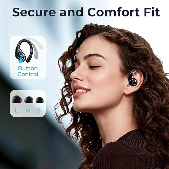 occiam Active Noise Cancelling Earbuds Wireless Bluetooth Headphones 90Hrs Playback Stereo Bass Earphones with Mic Over-Ear Hooks IPX7 Waterproof Headset for Work Sports Running Glossy Black