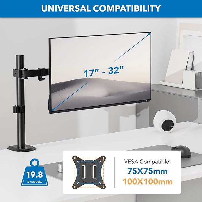 Mount-It! Single Monitor Arm 17" to 32", Full Motion Adjustment with Tilt, Rotation, Swivel, Height Adjustment Along Pole, Clamp or Grommet Mounting, Monitor Desk Mount VESA 75x75 and 100x100, Black
