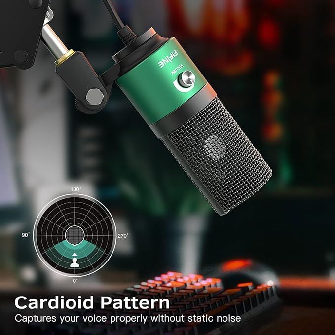 FIFINE USB Gaming Microphone for PC Desktop, PS4 and Mac, Gain Control, External Condenser Computer Mic for Streaming, Podcasting, Twitch, Discord, Green - K669G