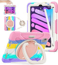 BATYUE Case for iPad Mini 7 A17 Pro 2024/iPad Mini 6 2021 8.3 Inch with Pencil Holder, 360 Rotating Stand, Shoulder Strap, Handle Grip, Shockproof Rugged Case for iPad Mini 7th/6th Gen, Colourful Pink
