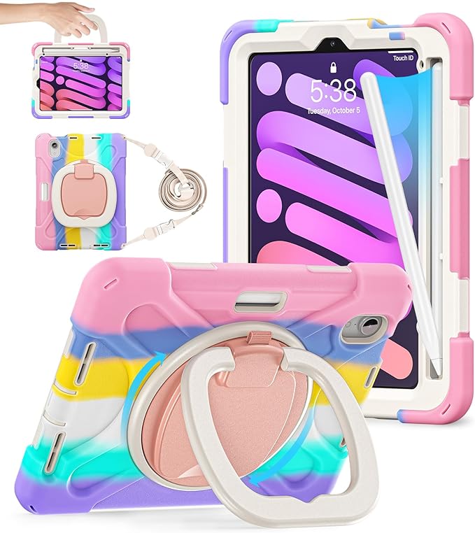 BATYUE Case for iPad Mini 7 A17 Pro 2024/iPad Mini 6 2021 8.3 Inch with Pencil Holder, 360 Rotating Stand, Shoulder Strap, Handle Grip, Shockproof Rugged Case for iPad Mini 7th/6th Gen, Colourful Pink