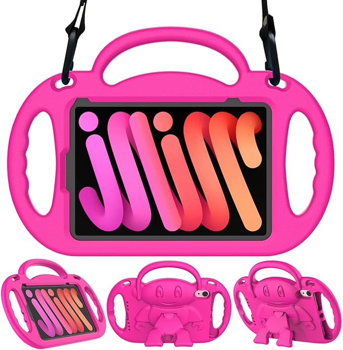 Kids Case for iPad mini 7 (A17 Pro) 2024/ Mini 6 2021, iPad mini 7th/6th Generation Case with Shoulder Strap - Durable Shockproof with Handle Stand Protective Cover for iPad 8.3 Inch, Pink