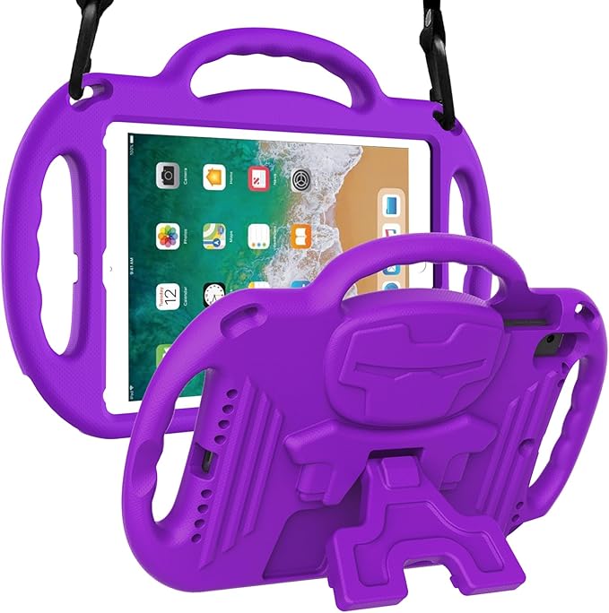 LTROP Kids Case for iPad 5th/6th Generation (2017/2018) & Air 2, Shoulder Strap Handle Stand Shockproof Bumper Cute Kid Case for iPad 9.7 Inch, Purple
