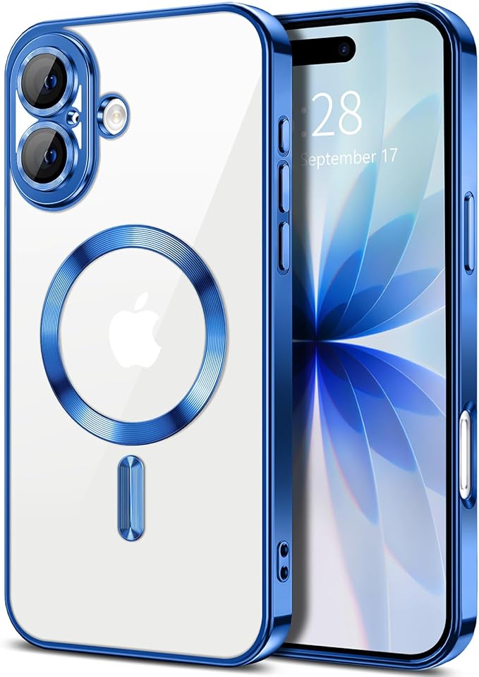 Hython Magnetic Clear for iPhone 17 Case with Camera Lens Protector [Compatible with MagSafe] Luxury Plating Edge Slim Soft TPU Cover Protective Phone Case for iPhone 17 6.3", Deep Blue