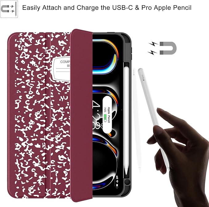 Soke Case for New iPad Pro 11 Inch (M5/M4) 5th Generation 2024-2025 with Pencil Holder - [Shockproof + Apple Pencil Charging + Auto Wake/Sleep], Soft TPU Back Cover for iPad Pro 11", Book Wine