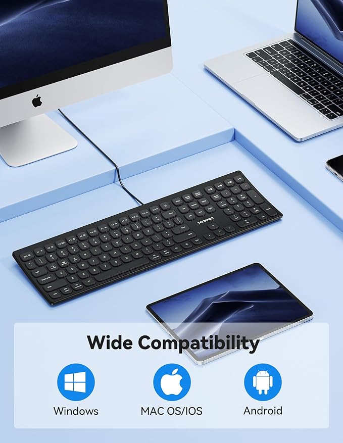 TECKNET Bluetooth Wireless Rechargeable Keyboard, Multi Device Free Switching (BT5.0+2.4G+Wired), Quiet Typing, Ultra-Slim Full Size with Numpad for Mac/Windows/Android/Desktop/PC, Stable Connection