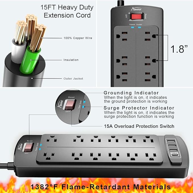 Power Strip, ALESTOR Surge Protector with 12 Outlets and 4 USB Ports(1 USB C Port), 15 Feet Extension Cord (1875W/15A), 2700 Joules, ETL Listed, Black