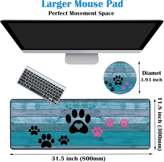 Extended Gaming Mouse Pad with Stitched Edges, Large Anti-Slip Mouse Pad (31.5x11.8 Inches) Desk Pad Keyboard Pad + Coaster for Work/Gamer/Home, Black and Pink Dog Paw Prints