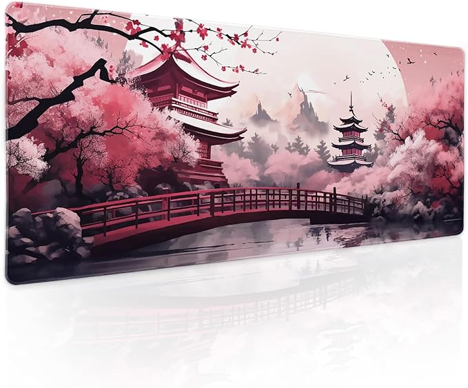 Pink Japanese Cherry Blossom Large Mouse Pad XL Sakura Forest Tree Sun Tower Mountain Extended Large Desk Mat Big Desk Pad 80X30 CM Non-Slip Rubber Base Stitched Edge Long Mousepad,31.5×11.8 Inch