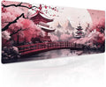 Pink Japanese Cherry Blossom Large Mouse Pad XL Sakura Forest Tree Sun Tower Mountain Extended Large Desk Mat Big Desk Pad 80X30 CM Non-Slip Rubber Base Stitched Edge Long Mousepad,31.5×11.8 Inch