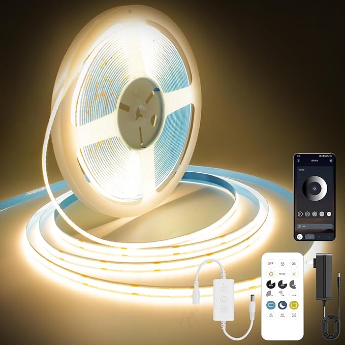 Pandery COB LED Strip Lights Warm White,24V Dimmable led Light Strip KIT with Remote and app Control,3000K 25FT/7.5m 8mm Wide Ra>90 Cuttable Flexible Strip Lights for Bedroom,Wardrobe,Cabinet