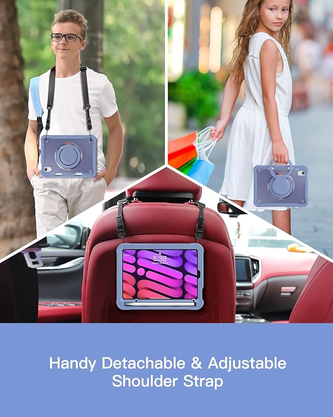 BRAECN for iPad (a17 pro) Mini 7/Mini 6 Case 2024/2021 8.3 inch with Pencil Holder Protective Clear Ring Handle 360 Rotating Stand Shockproof Dropproof Rugged Carrying Shoulder Strap Kids Friendly