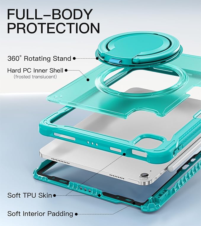 BATYUE Case for iPad Air 11-inch M4(2026)/M3(2025)/M2(2024), iPad Air 4/5 10.9" & Pro 11" 2018-2022 - Shockproof Case with 360° Rotating Stand & Handle, Pencil Holder, Shoulder Strap, Light