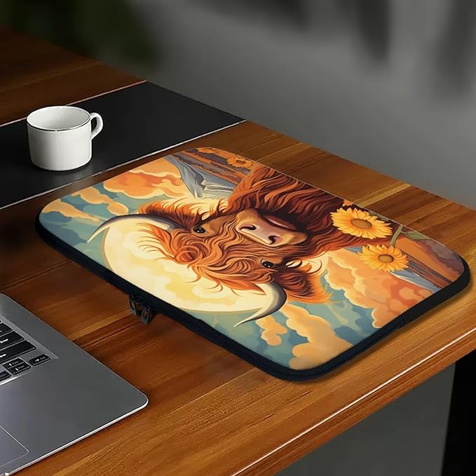 Highland Cattle Computer Sleeve for Women Men Laptop Sleeve 15 inch Neoprene Laptop Covers with Padded Compartment Lap Top Case Sunflower Computer Carrying Bag Brown