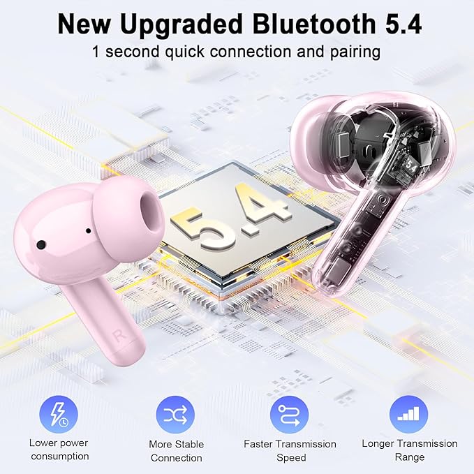 Bluetooth 5.4 Earbuds, 2026 Wireless Headphones 3D-Stereo Deep Bass Ear Bud, 4 ENC Noise Cancelling Mic, 40+Hrs USB-C Earphones, IP-X7 Waterproof Headset Sport Gym Workout for Laptop Pad Android iOS