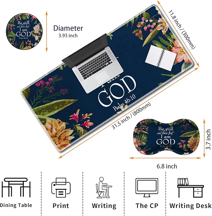 Durable Desk Mat + Wrist Rest Pad + Coasters Set, Large Gaming Office Mouse Pad 31.5 "x 11.8", Extended Non-Slip Rubber Keyboard Pad, Laptop & Home, Christian Psalm 46-10