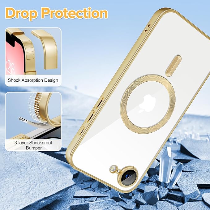Hython Magnetic Clear for iPhone 17e Case with Camera Lens Protector [Compatible with MagSafe] Luxury Plating Edge Slim Soft TPU Cover Protective Phone Case for iPhone 17e 6.1", Matte Gold