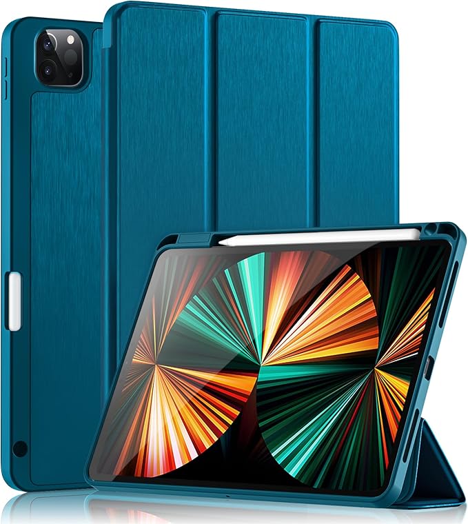 Wenlaty Case for iPad Pro 11 Inch 4th Generation 2022 with Pencil Holder, Protective Cover with Soft TPU Back, Also Fit for iPad 11 Pro Case 3rd Generation 2021 /2nd Generation 2020, PeacockBlue