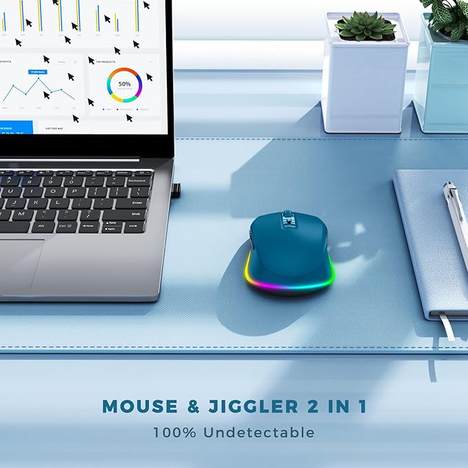 PEIOUS Wireless Mouse Jiggler - LED Wireless Mice with Build-in Mouse Mover, Rechargeable Moving Mouse for Laptop with Undetectable Random Movement Keeps Computers Awake - Dark Blue