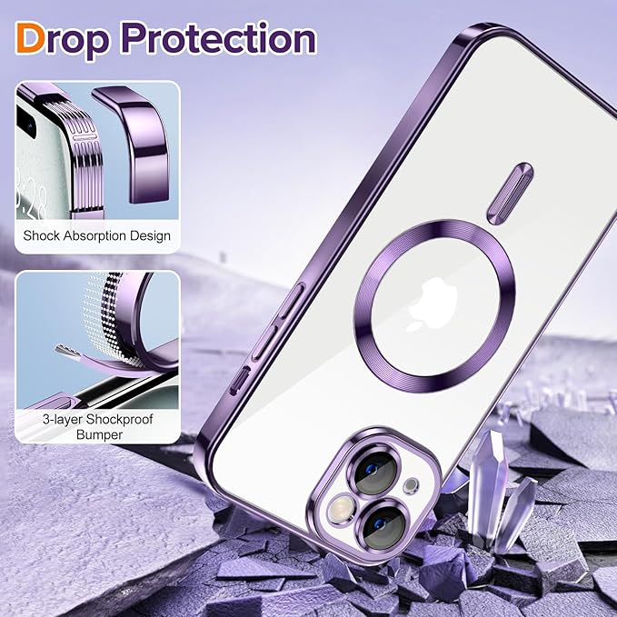 Hython Magnetic Clear for iPhone 15 Plus Case with Camera Lens Protector [Compatible with MagSafe] Luxury Plating Edge Slim Soft TPU Cover Protective Phone Case for iPhone 15 Plus 6.7", Deep Purple
