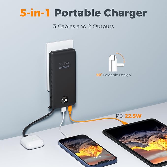 TESSAN Portable Charger with Built in Cables, 10000mAh Power Bank Fast Charging with Foldable AC Plug, PD20W Compact Battery Pack Travel Essentials for iPhone 17/16/15 Series, Samsung, Tablets, Black