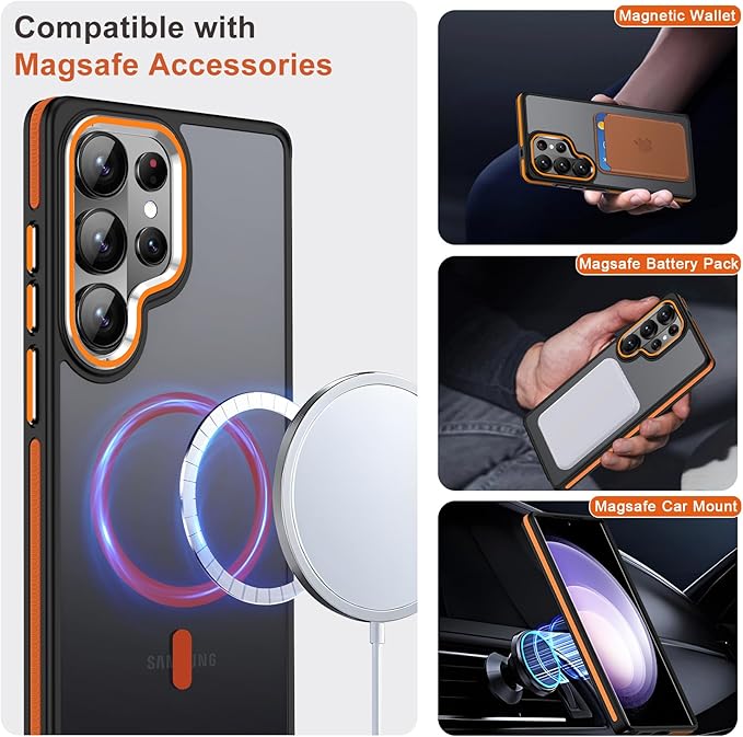 MALEWOLF Case for Samsung Galaxy S26 Ultra, Translucent Matte Cover Compatible with Magsafe, Military Grade Drop Resistant, Color Hybrid Non-Slip Phone Case for Galaxy S26 Ultra (Black/Orange)