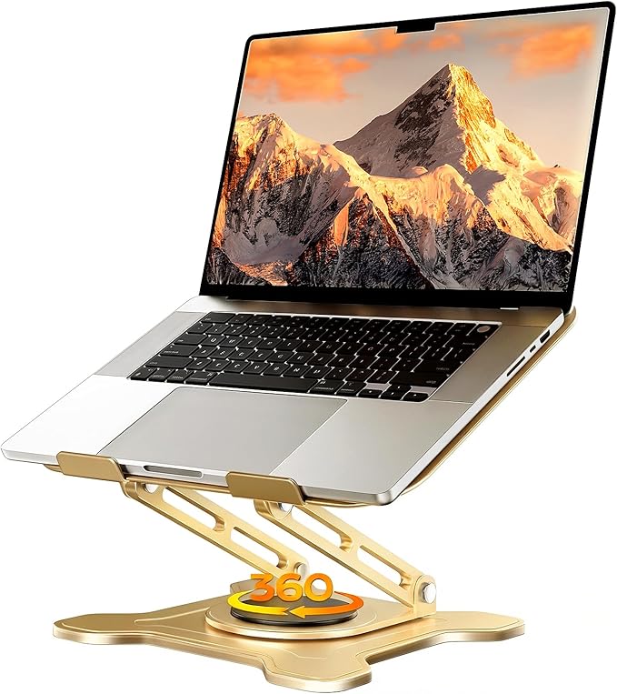 JCZT Adjustable Laptop Stand, 360° Rotating Base Ergonomic Computer Stand, Foldable Laptop Stand for Desk for Office Home Fits Compatible with MacBook Pro Air (10-16") - Gold