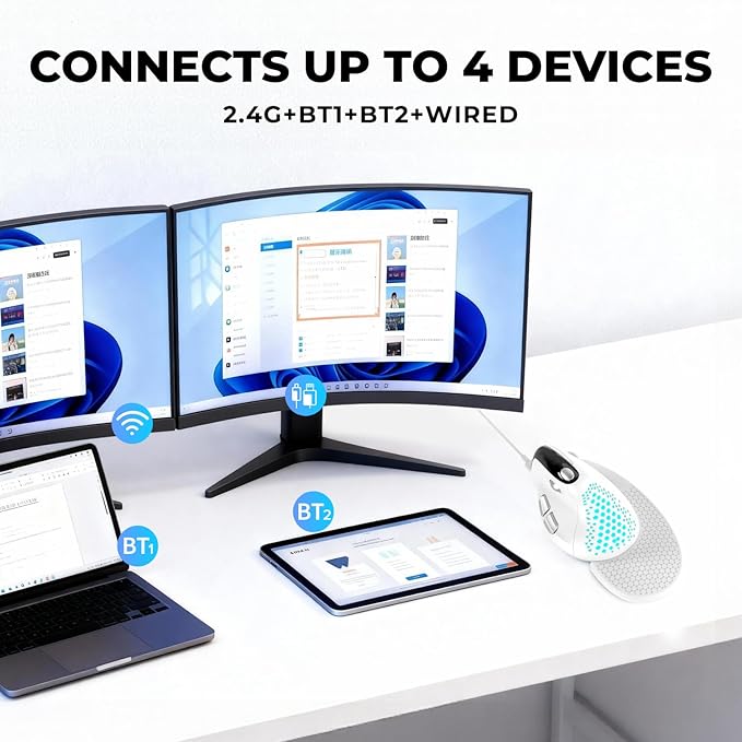 DELUX Seeker Ergonomic Mouse Wireless, Vertical Mouse with OLED Screen, 6 Buttons&Thumb Wheel Function, Silent Click, Up to 7200DPI, Programmable, Rechargeable, BT/2.4G/Wired, RGB Light(M618XSD-White)