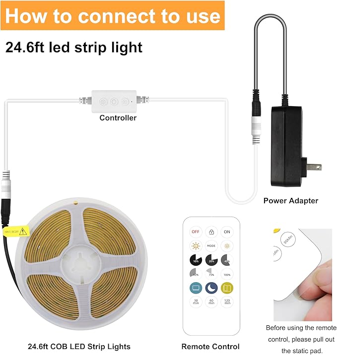 AXMOTUT COB LED Strip Light with Remote, Dimmable 24.6FT/7.5M Flexible High Density LED Light,4000K Natural White 2400LEDs Super Bright LED Light Strip CRI 90+ for Bedroom,Kitchen,DIY Home Decoration