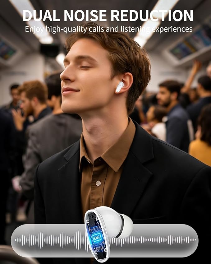 True Wireless Earbuds, Bluetooth 5.4 Headphones with Dual ENC ANC Noise Canceling, 13mm Drivers for Deep Bass Stereo, IPX7 Waterproof, 18H Playtime, USB-C Charging Case for iPhone Android