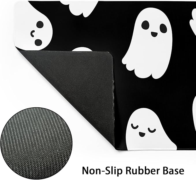 Halloween Cute Ghost Mouse Pad Kawaii Cartoon Spooky Funny Spirit Extended Desk Mat Non-Slip Rubber Base Stitched Edge Large XL Black White Mousepad for Desk Gaming Laptop Desktop,31.5×11.8 Inch
