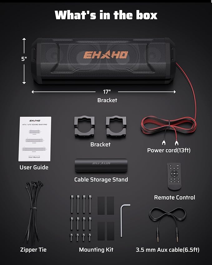 Ehaho 17-Inch UTV Sound Bar, 4-Speaker Bluetooth Golf Cart Speakers [RGB & Strobe Light] IP66 Waterproof ATV Speaker System, SXS SoundBar Compatible with Polaris RZR, CFmoto, Can-Am