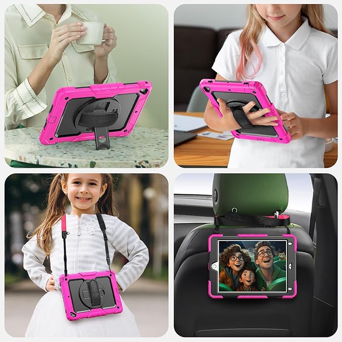 SEYMAC Case for iPad 6th/5th Generation 9.7 Inch, Full-Body Shockproof Heavy Duty Protective Case with Screen Protector, Rotating Stand/Hand/Shoulder Strap for iPad Air 2/ Pro 9.7, Pink
