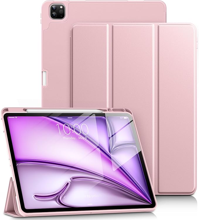 DTTO for iPad Air 13 Inch Case M4/M3/M2 2026/2025/2024, iPad Pro 12.9 Inch Case (6th/5th/4th/3rd Gen), Smart Slim Trifold Stand Soft Cover with Pencil Holder, Rose Gold
