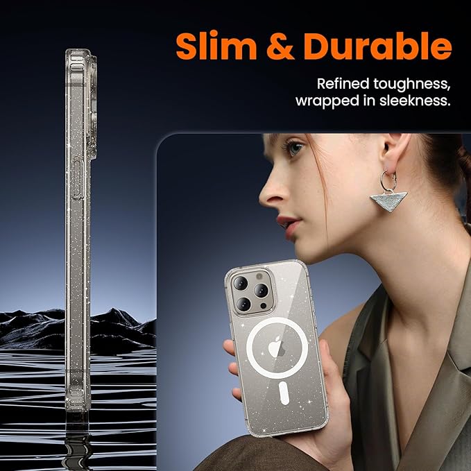 toushion 3 in 1 for iPhone 15 Pro Case Clear with MagSafe, Not Yellowing, Screen Protector*1 Camera Lens Protector*1, Military-Grade Protection for iPhone 15 Pro Phone Case 6.1 inch Clear Glitter