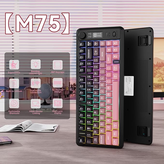 ZIYOU LANG M75 Wireless Gaming Keyboard, RGB Backlit Rechargeable 2000mAh Battery, Small Membrane But Mechanical Feel Keyboard with Smart Display & Knob, PBT Gradient keycaps for PC, MAC-BlackBerry