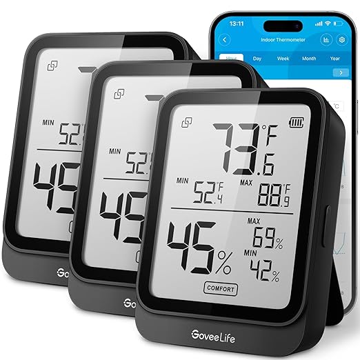 GoveeLife Hygrometer Thermometer H5104 3Pack, Bluetooth Room Temperature Monitor with APP Alert and 2 Years Date Storage Export, Remote LCD Digital Hygrometer Indoor Humidity Meter, Greenhouse