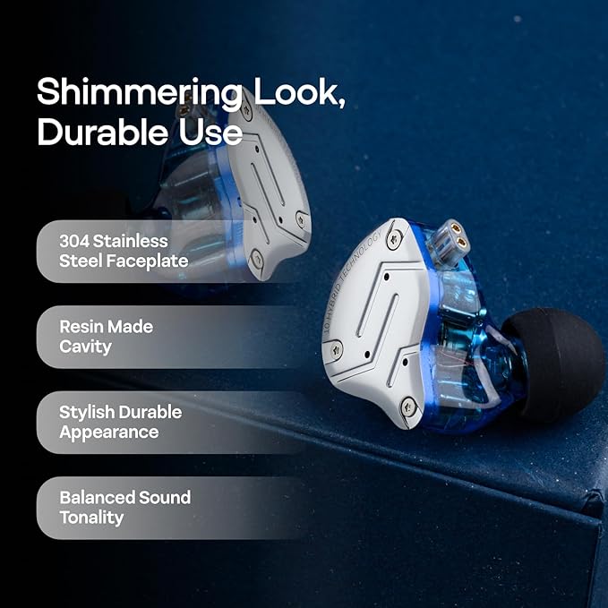 Linsoul KZ ZS10 Pro, 4BA+1DD 5 Driver in Ear Monitor, HiFi Wired Earbuds, Gaming Earbuds, Hybrid IEM Earphones with Stainless Steel Faceplate, Detachable Cable for Musician (Without Mic, Blue)
