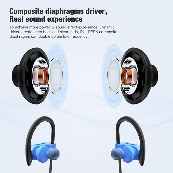 JOYWISE Bluetooth Headphones, Wireless Headphones 16H Playtime Wireless Earbuds with Mic Stereo in-Ear Earphones, IPX7 Waterproof Sports Headphone Sound Isolation Headsets for Running, Workout Blue