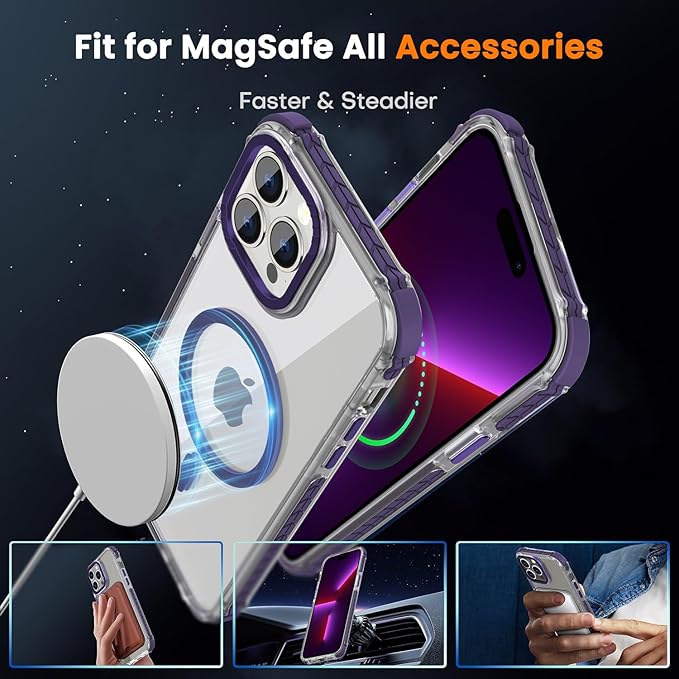 DEERLAMN Strong Magnetic Case for iPhone 15 Pro 6.1-Inch,[Compatible with Magsafe] Clear Slim Shockproof Protective Phone Cover for Women Men-Transparent+Purple