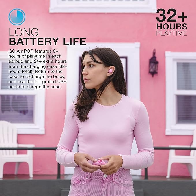 JLab Go Air Pop+, True Wireless Earbuds, Bluetooth Earbuds with Microphone, Dual Connect, EQ3 Sound, Pink