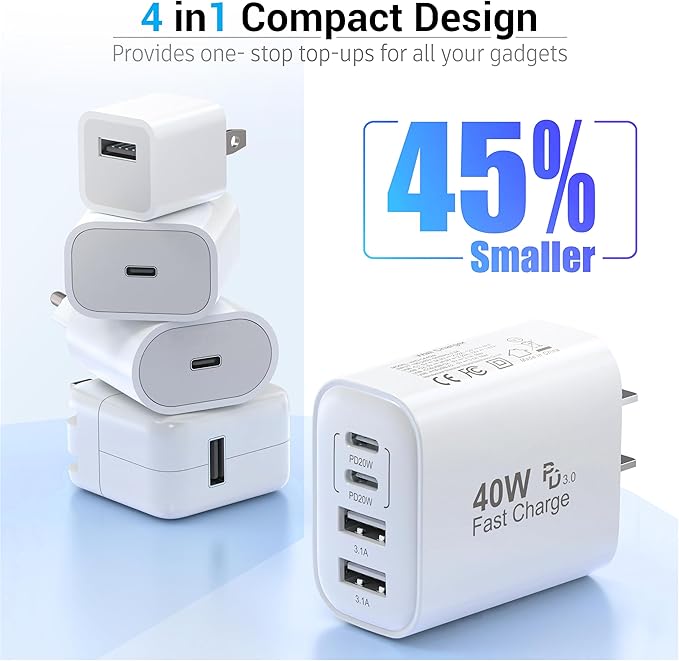 USB C Charger Block, 40W 4 Ports USB-C Wall Charger Plug Fast Charging, QC Multiport Adapter, USB A Type C Box Brick Cube Compatible with iPhone 17 16 15 14 13 12 Pro Max, & for Samsung Galaxy